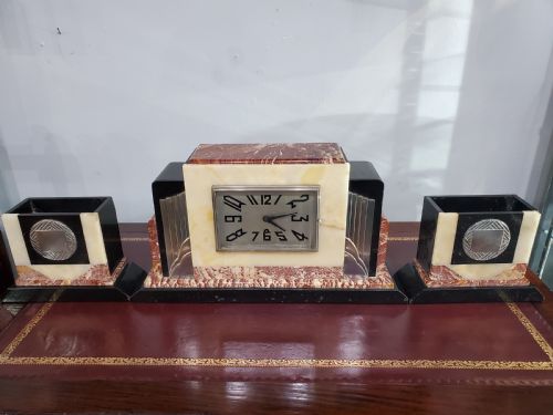 french art deco marble mantle clock with garnitures c1930 - CATEGORY: ANTIQUE CLOCKS - DATED 1930