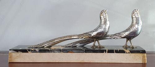 PAIR OF PHEASANTS ART DECO SCULPTURE MOUNTED ON MARBLE PLINTH C1930 - ADDITIONAL PHOTO 1