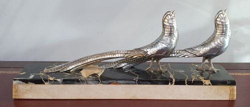 PAIR OF PHEASANTS ART DECO SCULPTURE MOUNTED ON MARBLE PLINTH C1930 - ADDITIONAL PHOTO 2