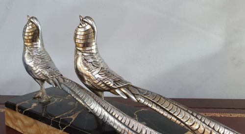 PAIR OF PHEASANTS ART DECO SCULPTURE MOUNTED ON MARBLE PLINTH C1930 - ADDITIONAL PHOTO 3
