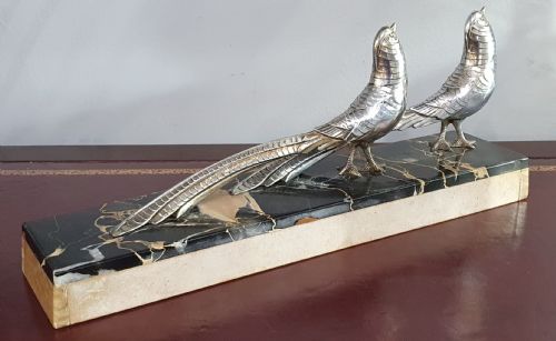 PAIR OF PHEASANTS ART DECO SCULPTURE MOUNTED ON MARBLE PLINTH C1930 - ADDITIONAL PHOTO 4