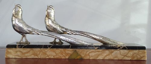 pair of pheasants art deco sculpture mounted on marble plinth c1930 - CATEGORY: ANTIQUE METAL - DATED 1930