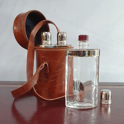 Triple Flask Set in Handmade Leather Case C.1930