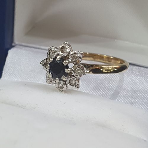 1940s50s snowflake sapphire diamond halo on 9ct gold ring size n - CATEGORY: ANTIQUE JEWELLERY - DATED 1930