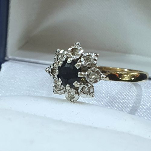 1940S50S SNOWFLAKE SAPPHIRE DIAMOND HALO ON 9CT GOLD RING SIZE N - ADDITIONAL PHOTO 1
