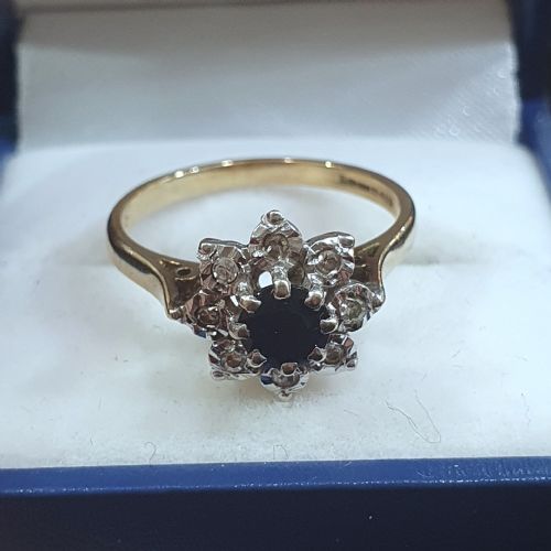 1940S50S SNOWFLAKE SAPPHIRE DIAMOND HALO ON 9CT GOLD RING SIZE N - ADDITIONAL PHOTO 2
