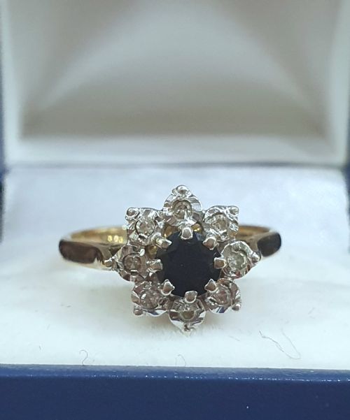 1940S50S SNOWFLAKE SAPPHIRE DIAMOND HALO ON 9CT GOLD RING SIZE N - ADDITIONAL PHOTO 3