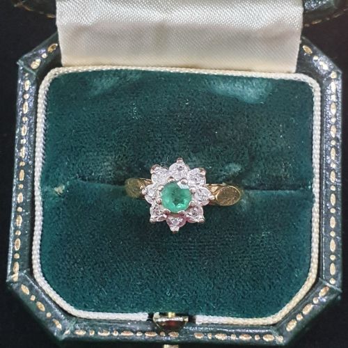 1933 ART DECO 18CT GOLD EMERALD DIAMOND HALO SNOWFLAKE RING SIZE L - ADDITIONAL PHOTO 14