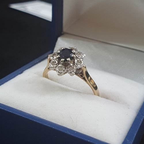 1940S50S SNOWFLAKE SAPPHIRE DIAMOND HALO ON 9CT GOLD RING SIZE N - ADDITIONAL PHOTO 9