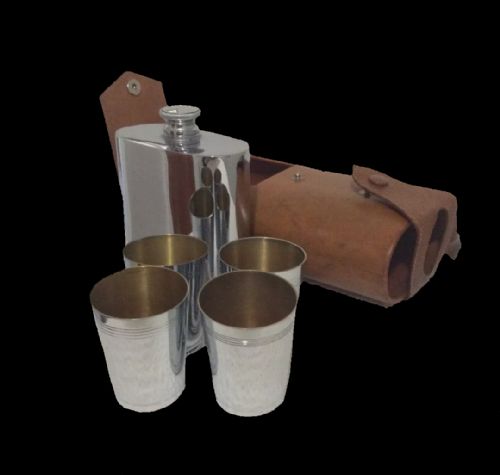 phv co chromium hip flask 4 shot cups in tan hide travel case - CATEGORY: ANTIQUE METAL - DATED 1930