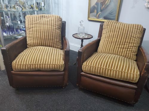 pair of art deco leather club chairs c1920 - CATEGORY: ANTIQUE CHAIRS - DATED 1920