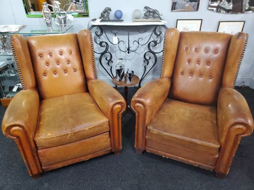 pair of french art deco wing back leather club chairs c1920 - CATEGORY: ANTIQUE CHAIRS - DATED 1920