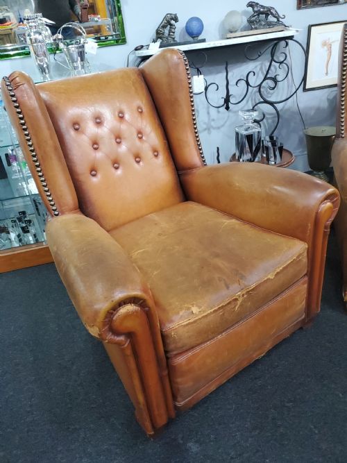 PAIR OF FRENCH ART DECO WING BACK LEATHER CLUB CHAIRS C1920 - ADDITIONAL PHOTO 2