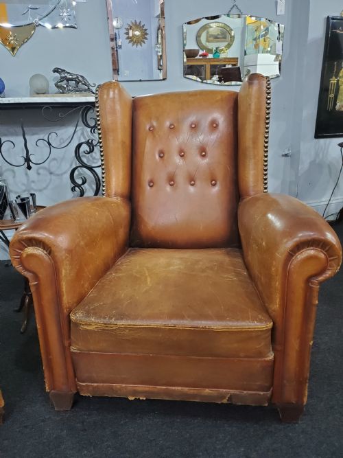 PAIR OF FRENCH ART DECO WING BACK LEATHER CLUB CHAIRS C1920 - ADDITIONAL PHOTO 5