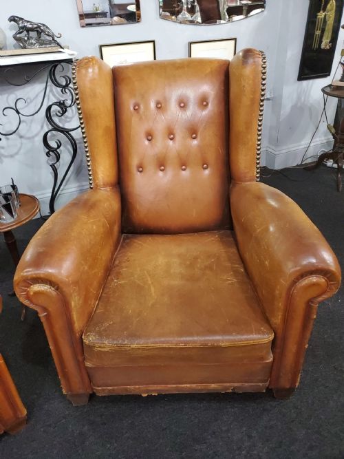 PAIR OF FRENCH ART DECO WING BACK LEATHER CLUB CHAIRS C1920 - ADDITIONAL PHOTO 4