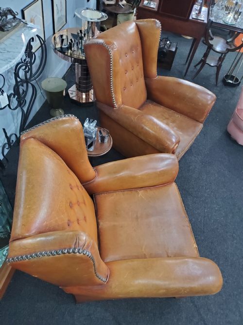 PAIR OF FRENCH ART DECO WING BACK LEATHER CLUB CHAIRS C1920 - ADDITIONAL PHOTO 7