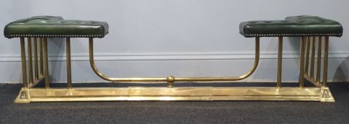 brass and steel extending club fender studded leather seats early 20thc - CATEGORY: ANTIQUE FIREPLACES - DATED 1930
