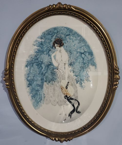 french art deco engraving of young girl c1920s - CATEGORY: ANTIQUE ART - DATED 1920