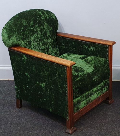 EDWARDIAN OAK ARMCHAIR WITH CRUSHED GREEN VELVET UPHOLSTERY C1910 - ADDITIONAL PHOTO 16