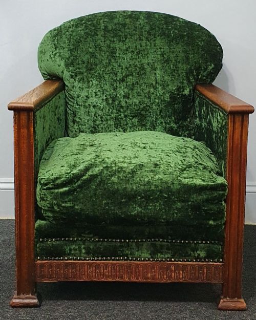 EDWARDIAN OAK ARMCHAIR WITH CRUSHED GREEN VELVET UPHOLSTERY C1910 - ADDITIONAL PHOTO 3