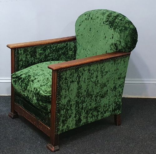 EDWARDIAN OAK ARMCHAIR WITH CRUSHED GREEN VELVET UPHOLSTERY C1910 - ADDITIONAL PHOTO 6