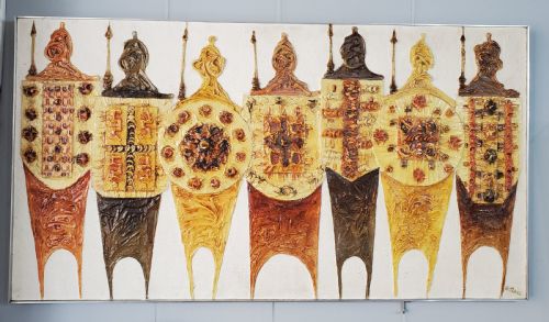 george spence knights 115cm contoured oil on board - CATEGORY: ANTIQUE ART - DATED 1960