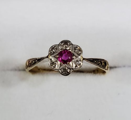 ART DECO 18CT GOLD PLATINUM RUBY DIAMOND CLUSTER RING SIZE O C1920S - ADDITIONAL PHOTO 5