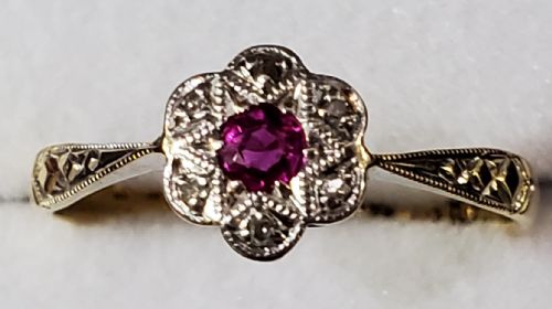 ART DECO 18CT GOLD PLATINUM RUBY DIAMOND CLUSTER RING SIZE O C1920S - ADDITIONAL PHOTO 7