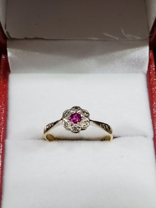 ART DECO 18CT GOLD PLATINUM RUBY DIAMOND CLUSTER RING SIZE O C1920S - ADDITIONAL PHOTO 11