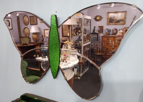 ART DECO PINK ROSE GREEN GLASS BUTTERFLY MIRROR C1920S - ADDITIONAL PHOTO 1