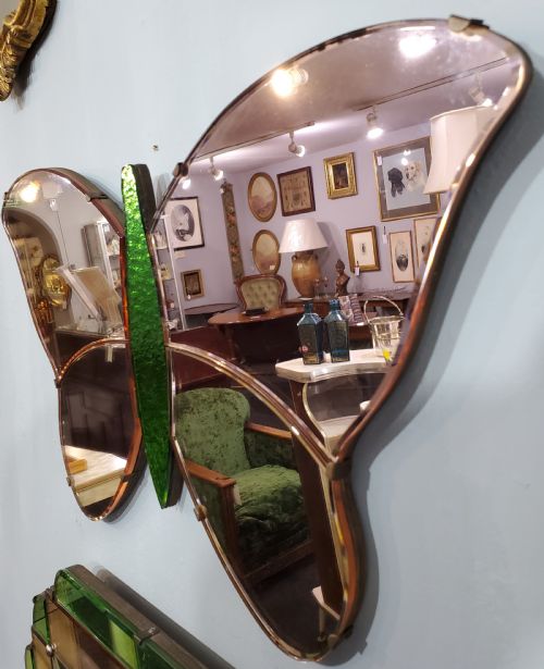 ART DECO PINK ROSE GREEN GLASS BUTTERFLY MIRROR C1920S - ADDITIONAL PHOTO 3