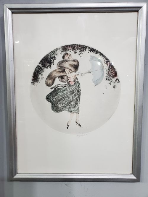 french art deco engraving a windy day c1920s - CATEGORY: ANTIQUE ART - DATED 1920