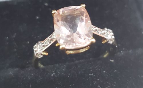 CUSHION CUT MORGANITE 15CT PAV DIAMOND SET SHOULDERS 9CT GOLD RING SIZE O - ADDITIONAL PHOTO 5