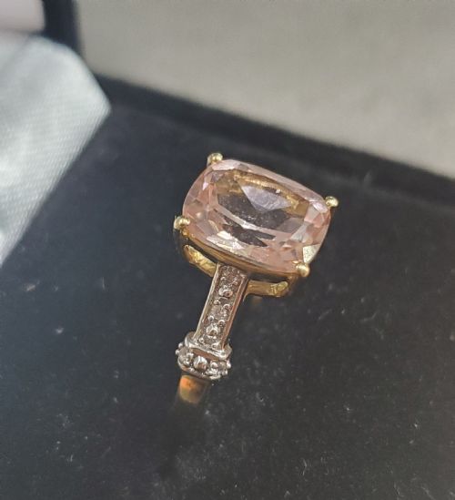 CUSHION CUT MORGANITE 15CT PAV DIAMOND SET SHOULDERS 9CT GOLD RING SIZE O - ADDITIONAL PHOTO 7