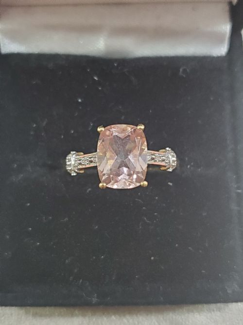 CUSHION CUT MORGANITE 15CT PAV DIAMOND SET SHOULDERS 9CT GOLD RING SIZE O - ADDITIONAL PHOTO 2