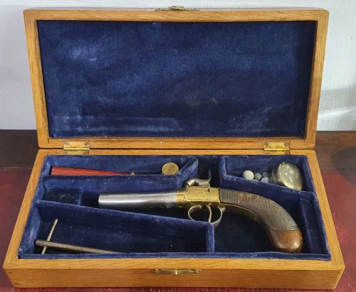 boxlock percussion pistol set mid 19th century - CATEGORY: ANTIQUE MISCELLANEOUS - DATED 19TH CENTURY