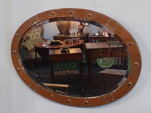 LARGE LIBERTY STYLE ARTS CRAFTS HAMMERED COPPER OVAL MIRROR C1910 - ADDITIONAL PHOTO 2