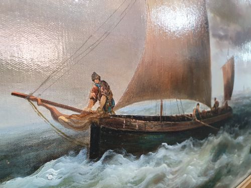 ERNEST CHAMAIUARD FISHERMEN LEAVING HARBOUR OIL ON CANVAS C1900 - ADDITIONAL PHOTO 7