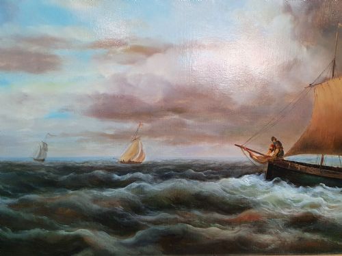 ERNEST CHAMAIUARD FISHERMEN LEAVING HARBOUR OIL ON CANVAS C1900 - ADDITIONAL PHOTO 1