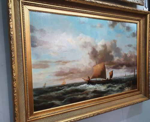 ERNEST CHAMAIUARD FISHERMEN LEAVING HARBOUR OIL ON CANVAS C1900 - ADDITIONAL PHOTO 3