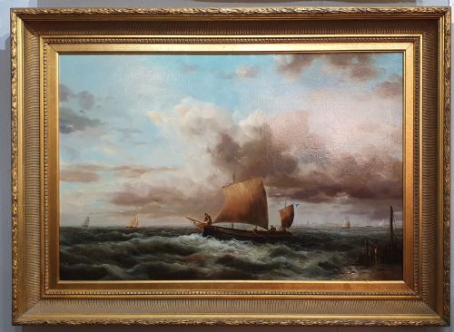 ernest chamaiuard fishermen leaving harbour oil on canvas c1900 - CATEGORY: ANTIQUE ART - DATED 1900
