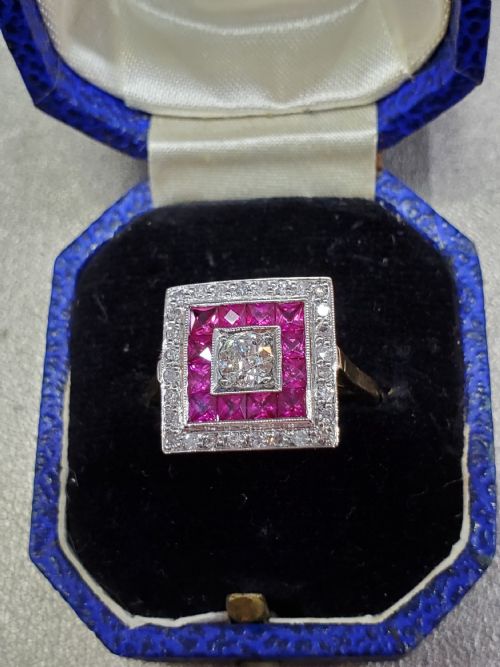 ART DECO OLD CUT DIAMOND FRENCH CUT RUBY 18CT CLUSTER RING SIZE N C1930 - ADDITIONAL PHOTO 2