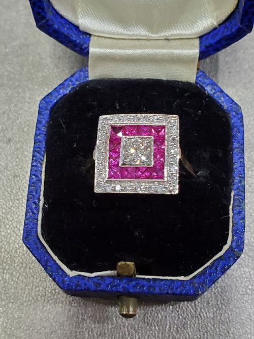 ART DECO OLD CUT DIAMOND FRENCH CUT RUBY 18CT CLUSTER RING SIZE N C1930 - ADDITIONAL PHOTO 3
