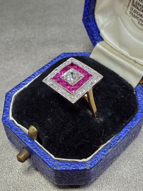 ART DECO OLD CUT DIAMOND FRENCH CUT RUBY 18CT CLUSTER RING SIZE N C1930 - ADDITIONAL PHOTO 5