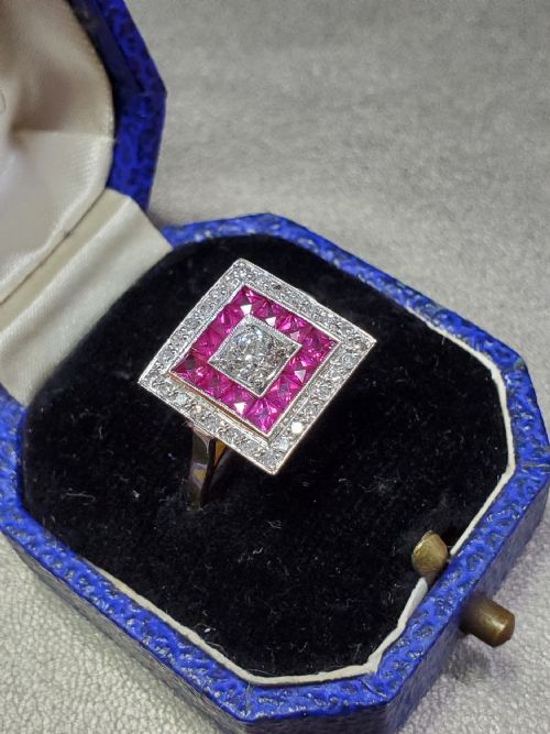 ART DECO OLD CUT DIAMOND FRENCH CUT RUBY 18CT CLUSTER RING SIZE N C1930 - ADDITIONAL PHOTO 6