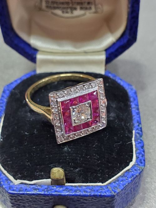 ART DECO OLD CUT DIAMOND FRENCH CUT RUBY 18CT CLUSTER RING SIZE N C1930 - ADDITIONAL PHOTO 7
