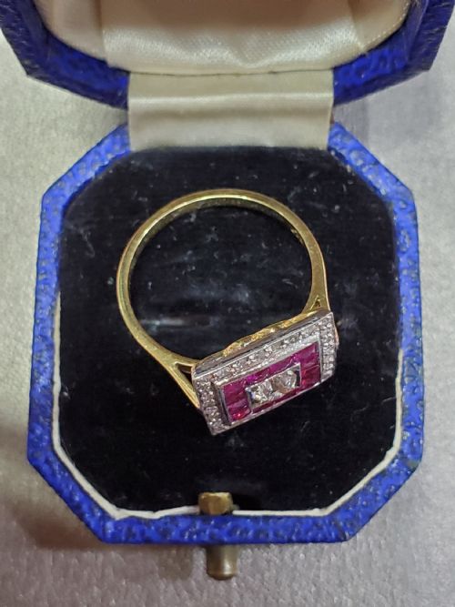 ART DECO OLD CUT DIAMOND FRENCH CUT RUBY 18CT CLUSTER RING SIZE N C1930 - ADDITIONAL PHOTO 8