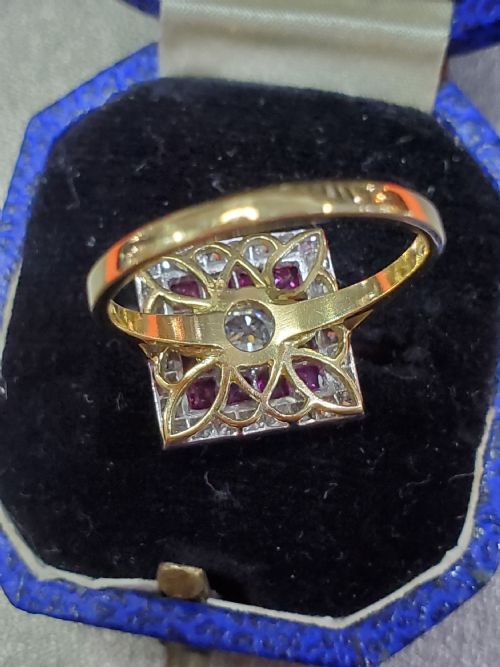 ART DECO OLD CUT DIAMOND FRENCH CUT RUBY 18CT CLUSTER RING SIZE N C1930 - ADDITIONAL PHOTO 10