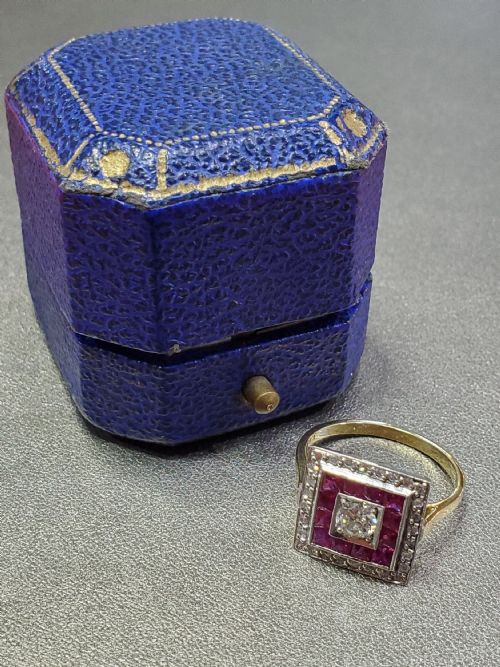 ART DECO OLD CUT DIAMOND FRENCH CUT RUBY 18CT CLUSTER RING SIZE N C1930 - ADDITIONAL PHOTO 11