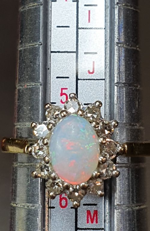 FIERY OPAL DIAMOND HALO ON 18CT GOLD BAND SIZE K 12 - ADDITIONAL PHOTO 5